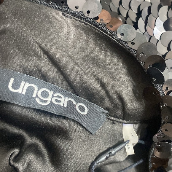 NWOT UNGARO Black Sequin Dress with Feather Cuffs - Picture 7 of 8